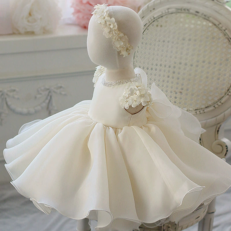 White Baby Princess Dress with Layered Tulle and Pearl Flower Sleeves