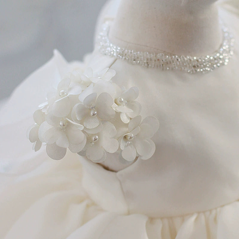 White Baby Princess Dress with Layered Tulle and Pearl Flower Sleeves