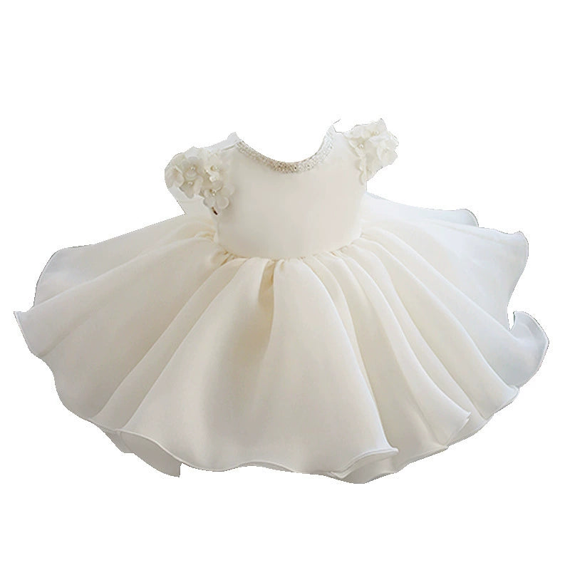 White Baby Princess Dress with Layered Tulle and Pearl Flower Sleeves