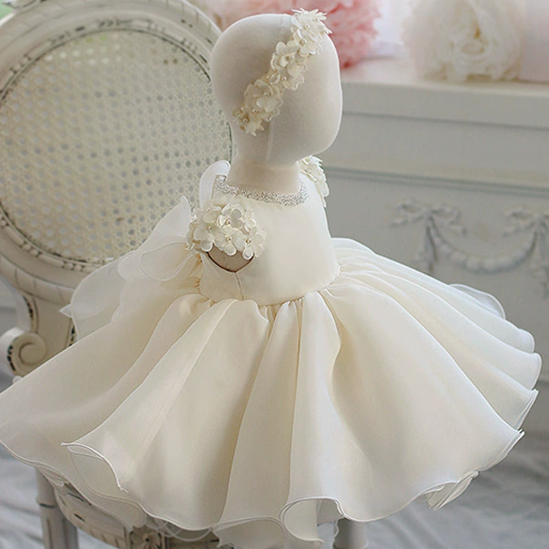 White Baby Princess Dress with Layered Tulle and Pearl Flower Sleeves