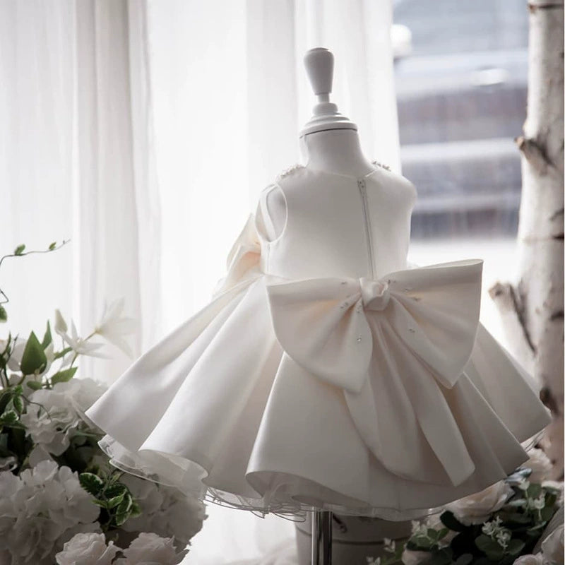 Satin and Tulle Ceremony Dress with Pearl Collar and Double Bows