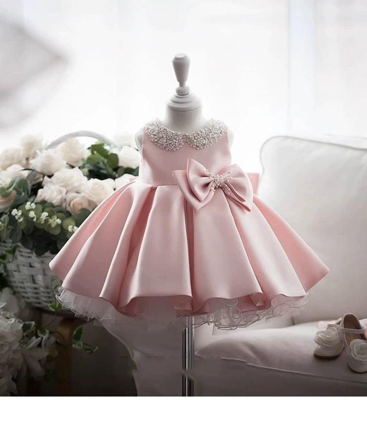 Satin and Tulle Ceremony Dress with Pearl Collar and Double Bows