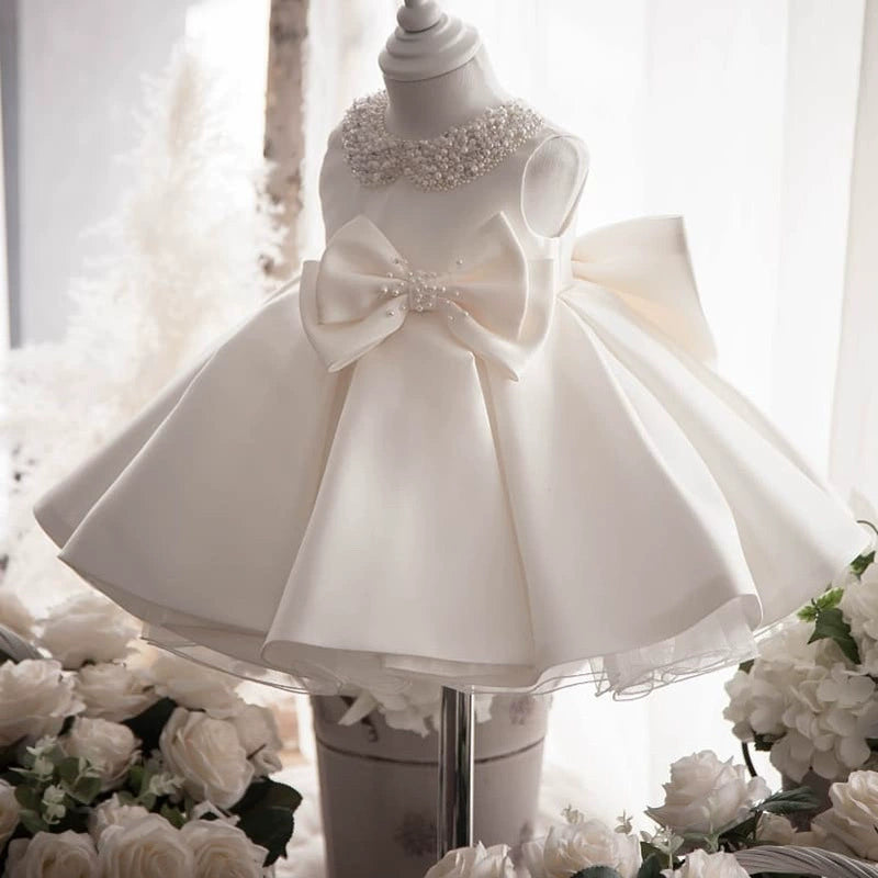 Satin and Tulle Ceremony Dress with Pearl Collar and Double Bows