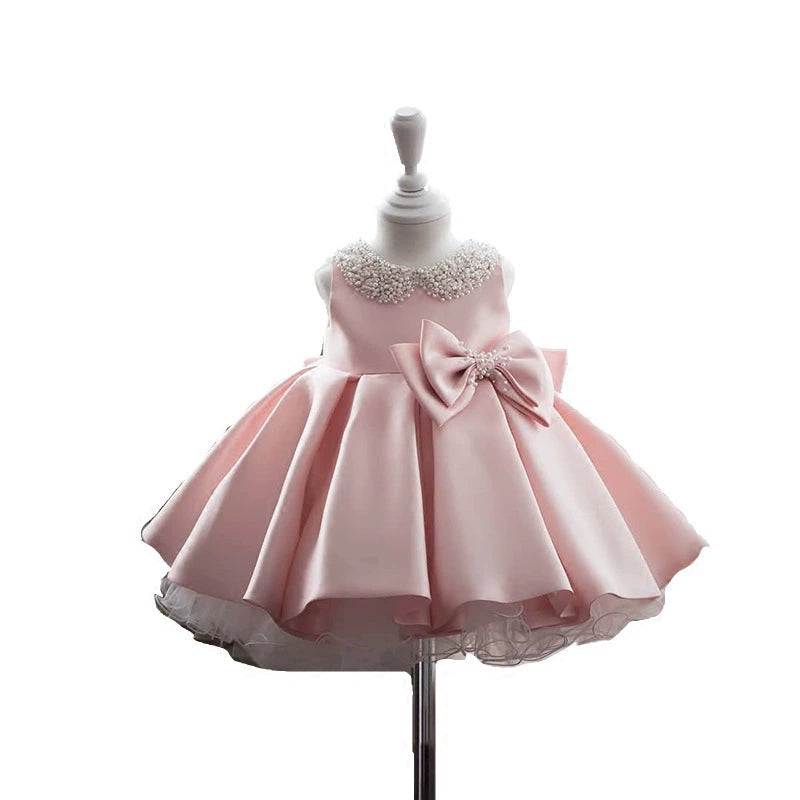 Satin and Tulle Ceremony Dress with Pearl Collar and Double Bows