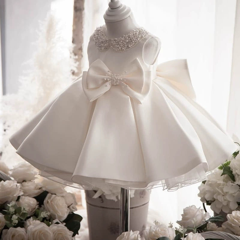 Satin and Tulle Ceremony Dress with Pearl Collar and Double Bows