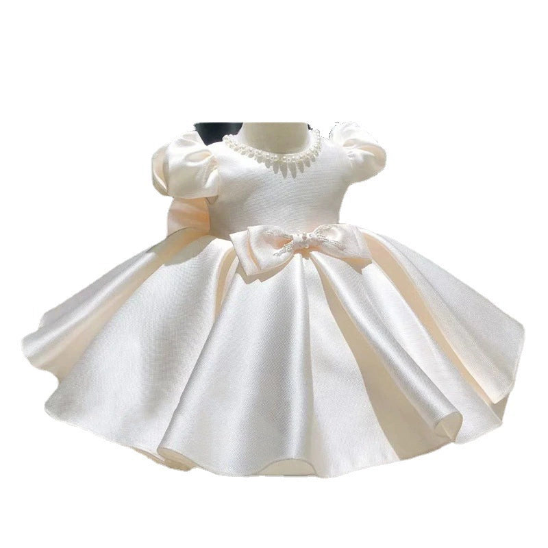 Champagne Satin Princess Dress with Pleated Design and Pearl Collar