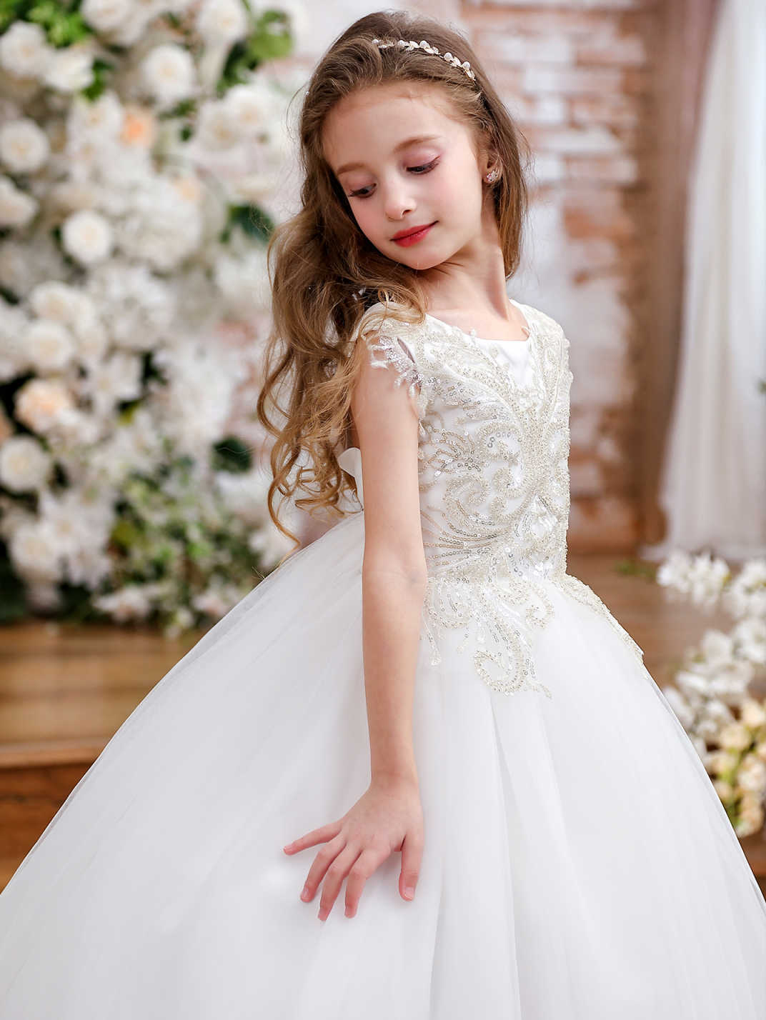 NEVE” WHITE SATIN & TULLE COMMUNION DRESS