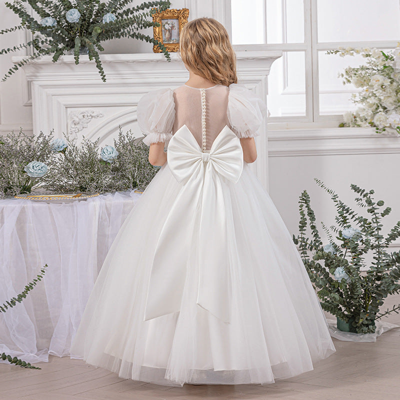 Elegant Communion Dress with Sheer Back and Pearl Buttons