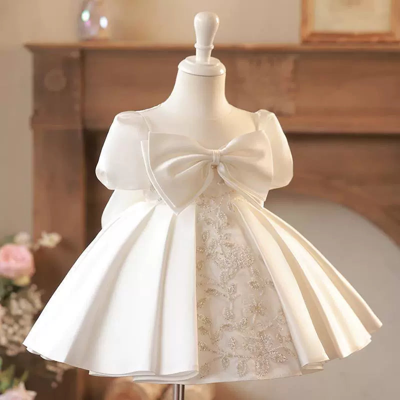 Heavy Satin Ceremony Dress with Central Pearl Embroidery and Double Bows
