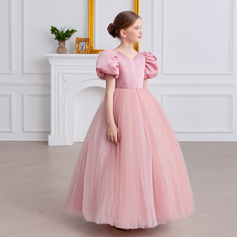 Satin and Tulle Communion Dress with V-Neck and Back Tulle Bow