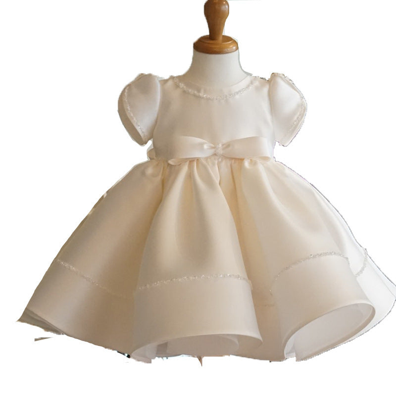 CHRISTENING DRESS IN SATIN WITH HAND-EMBROIDERED PEARLS