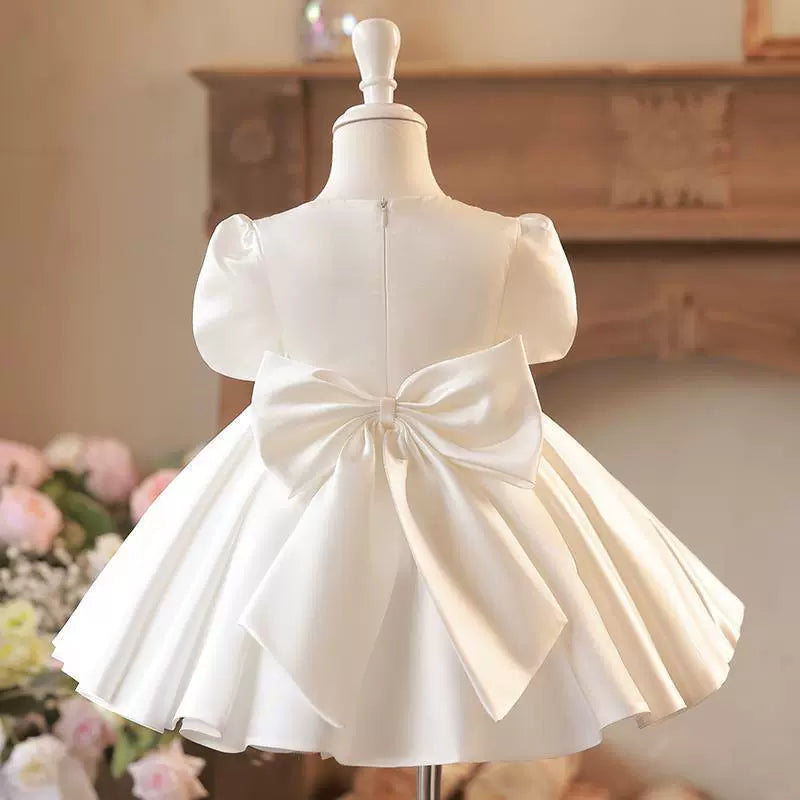 Heavy Satin Ceremony Dress with Central Pearl Embroidery and Double Bows