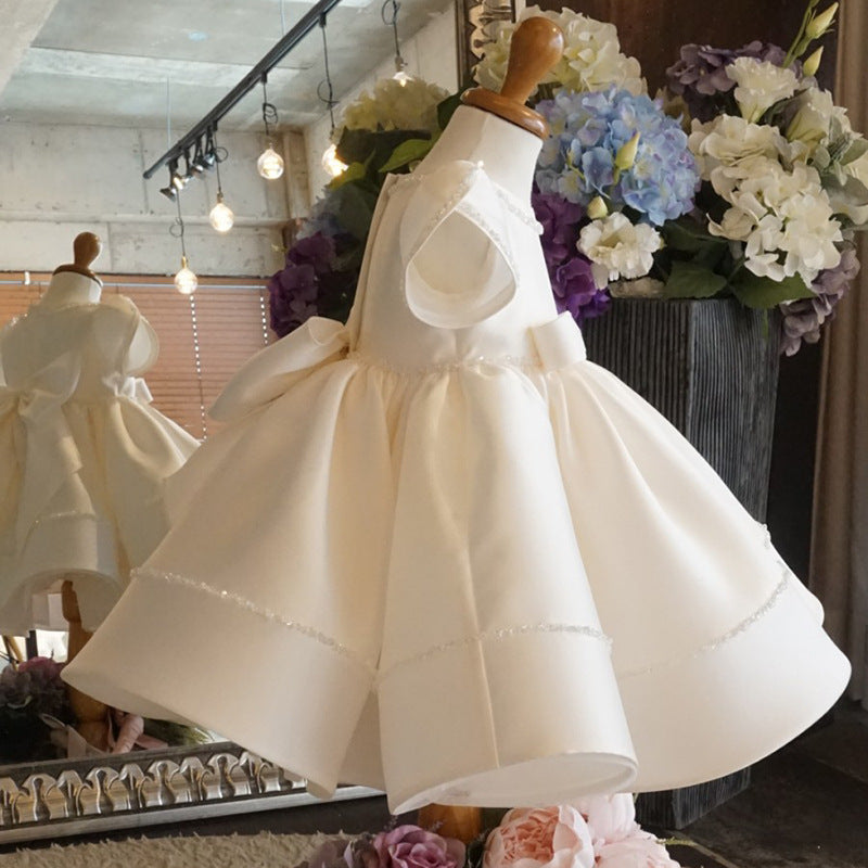 CHRISTENING DRESS IN SATIN WITH HAND-EMBROIDERED PEARLS