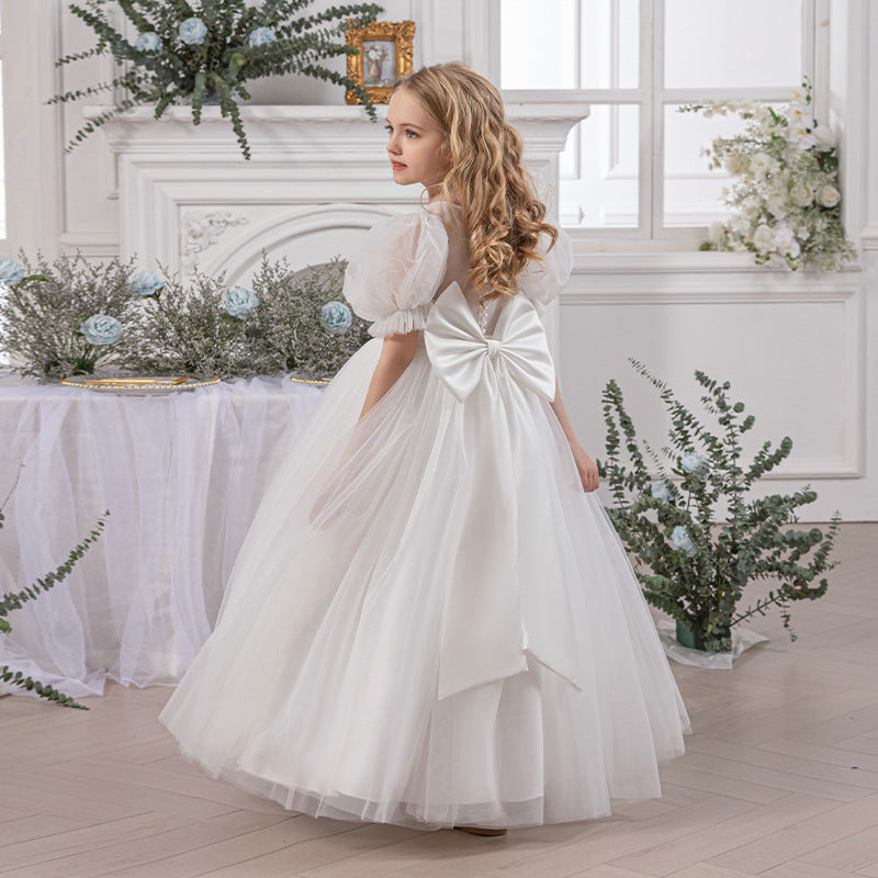 Elegant Communion Dress with Sheer Back and Pearl Buttons