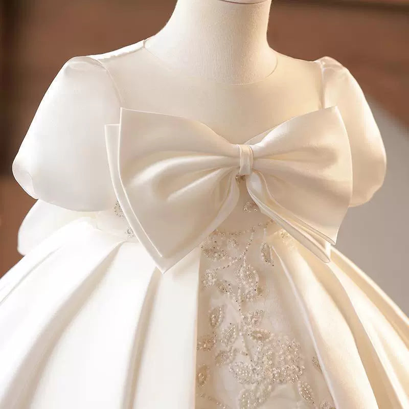 Heavy Satin Ceremony Dress with Central Pearl Embroidery and Double Bows