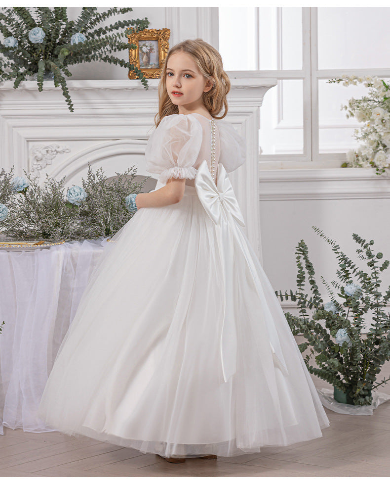 Elegant Communion Dress with Sheer Back and Pearl Buttons