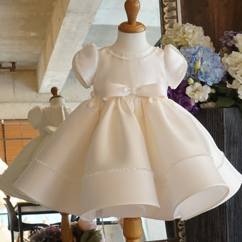 CHRISTENING DRESS IN SATIN WITH HAND-EMBROIDERED PEARLS