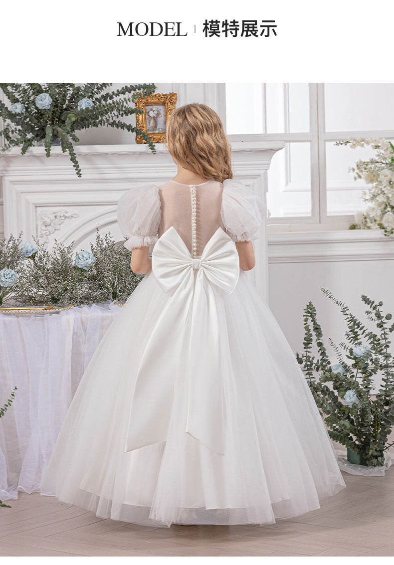 Elegant Communion Dress with Sheer Back and Pearl Buttons