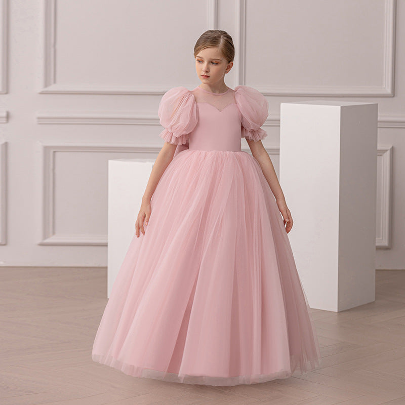 Elegant Communion Dress with Sheer Back and Pearl Buttons