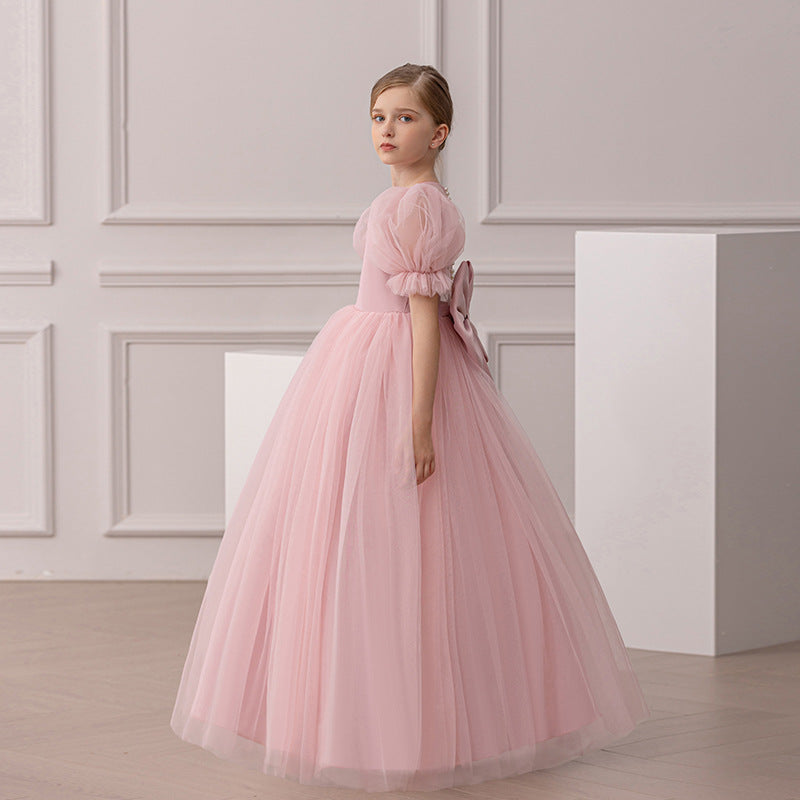 Elegant Communion Dress with Sheer Back and Pearl Buttons