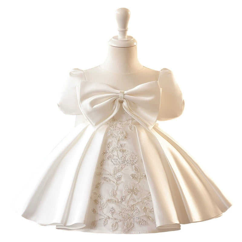 Heavy Satin Ceremony Dress with Central Pearl Embroidery and Double Bows