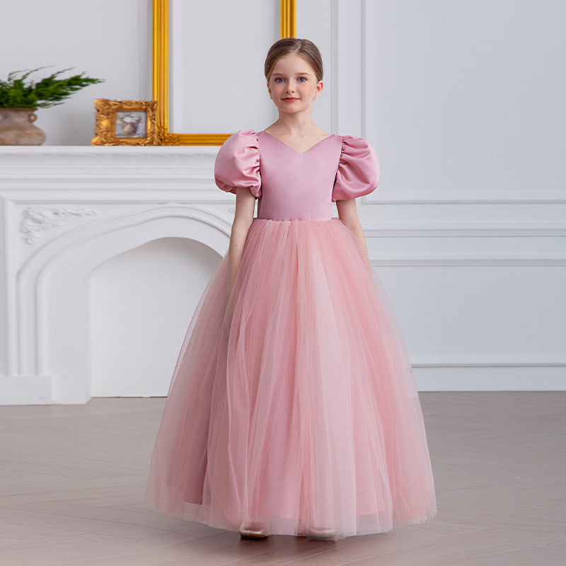 Satin and Tulle Communion Dress with V-Neck and Back Tulle Bow