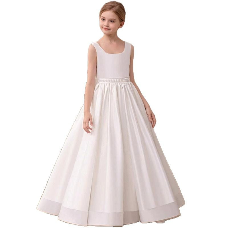 Luxury Satin Communion Gown with Pearl Belt and Oversized Bow
