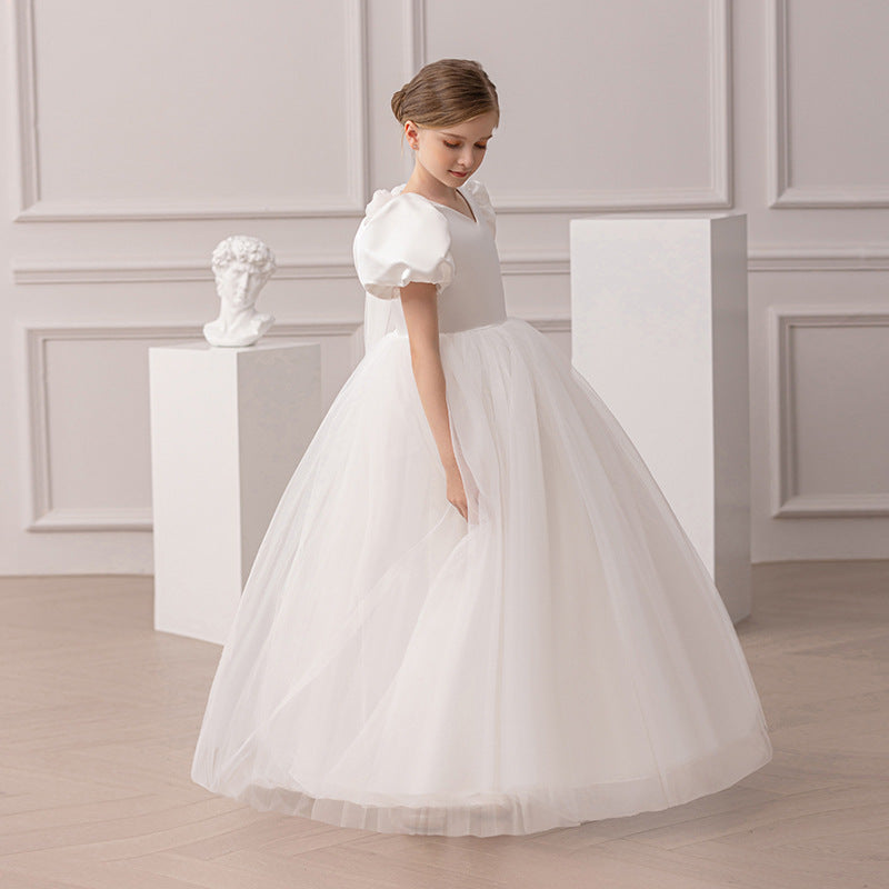 Satin and Tulle Communion Dress with V-Neck and Back Tulle Bow