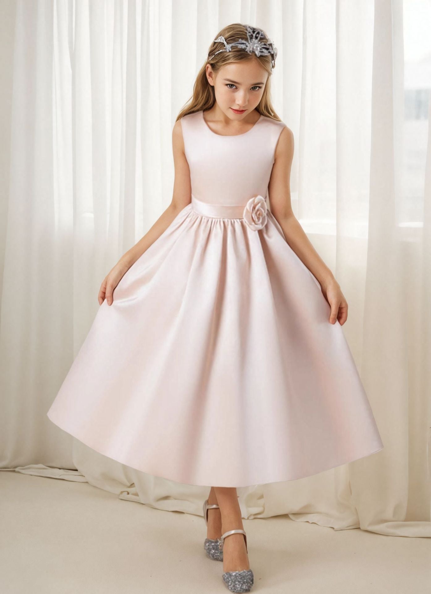 BLUSH WHITE" COMMUNION DRESS WITH ROSE-SHAPED SIDE BOW