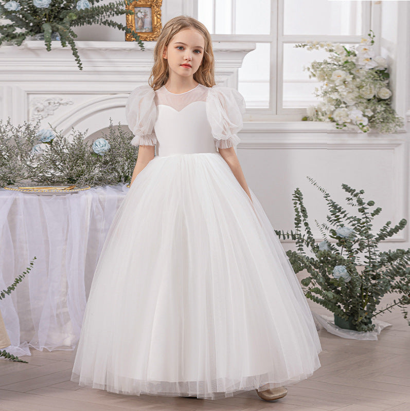 Elegant Communion Dress with Sheer Back and Pearl Buttons
