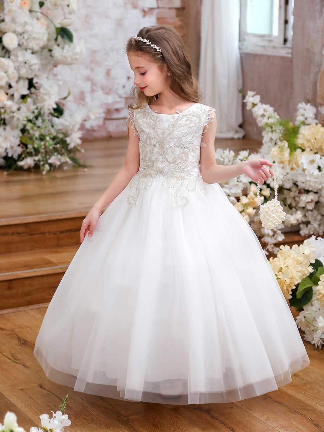 NEVE” WHITE SATIN & TULLE COMMUNION DRESS