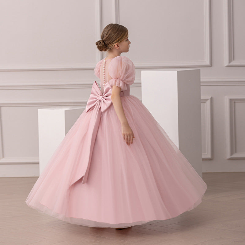 Elegant Communion Dress with Sheer Back and Pearl Buttons