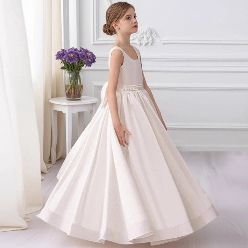 Luxury Satin Communion Gown with Pearl Belt and Oversized Bow