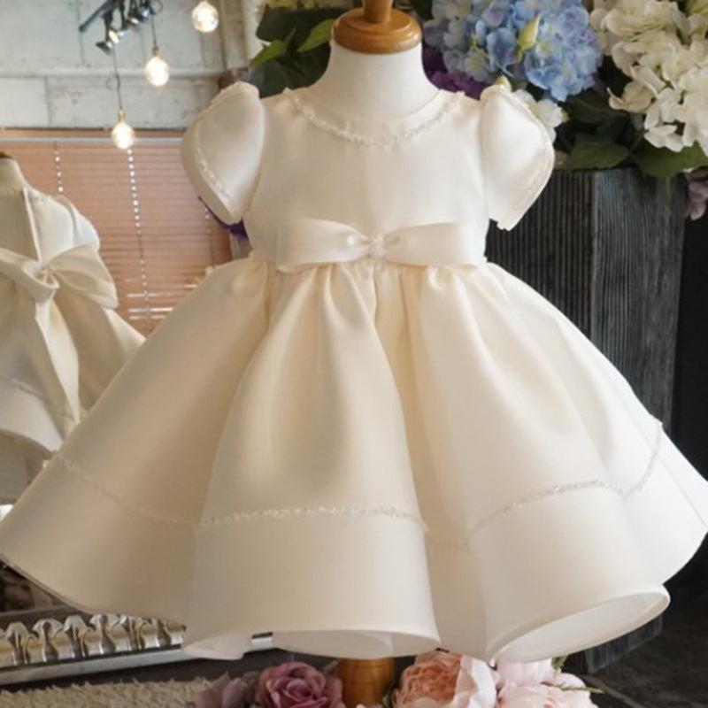 CHRISTENING DRESS IN SATIN WITH HAND-EMBROIDERED PEARLS