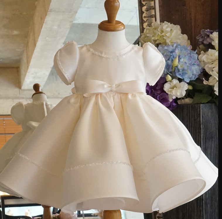 CHRISTENING DRESS IN SATIN WITH HAND-EMBROIDERED PEARLS