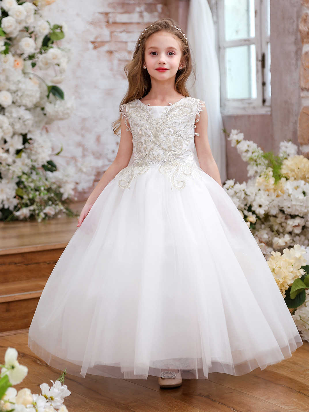 NEVE” WHITE SATIN & TULLE COMMUNION DRESS