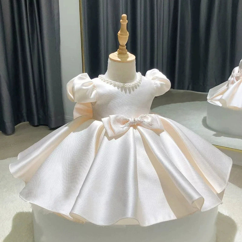 Champagne Satin Princess Dress with Pleated Design and Pearl Collar