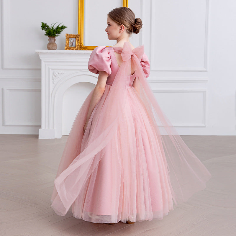 Satin and Tulle Communion Dress with V-Neck and Back Tulle Bow