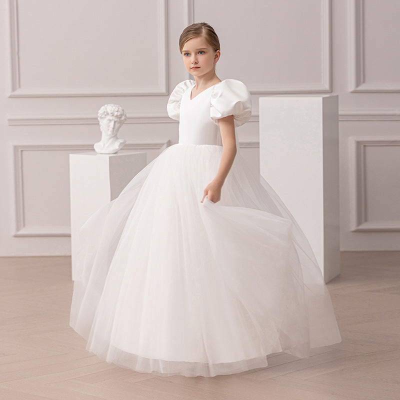 Satin and Tulle Communion Dress with V-Neck and Back Tulle Bow
