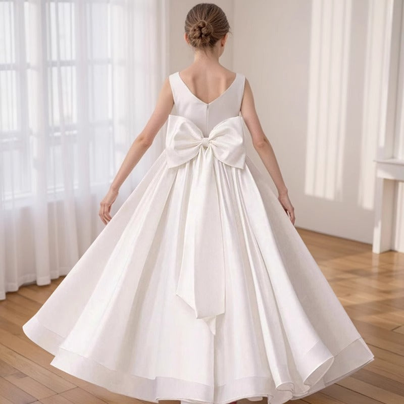 Luxury Satin Communion Gown with Pearl Belt and Oversized Bow