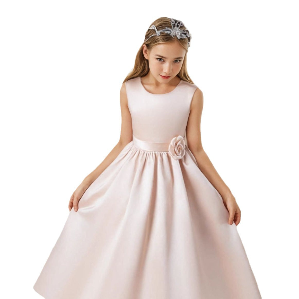 BLUSH WHITE" COMMUNION DRESS WITH ROSE-SHAPED SIDE BOW