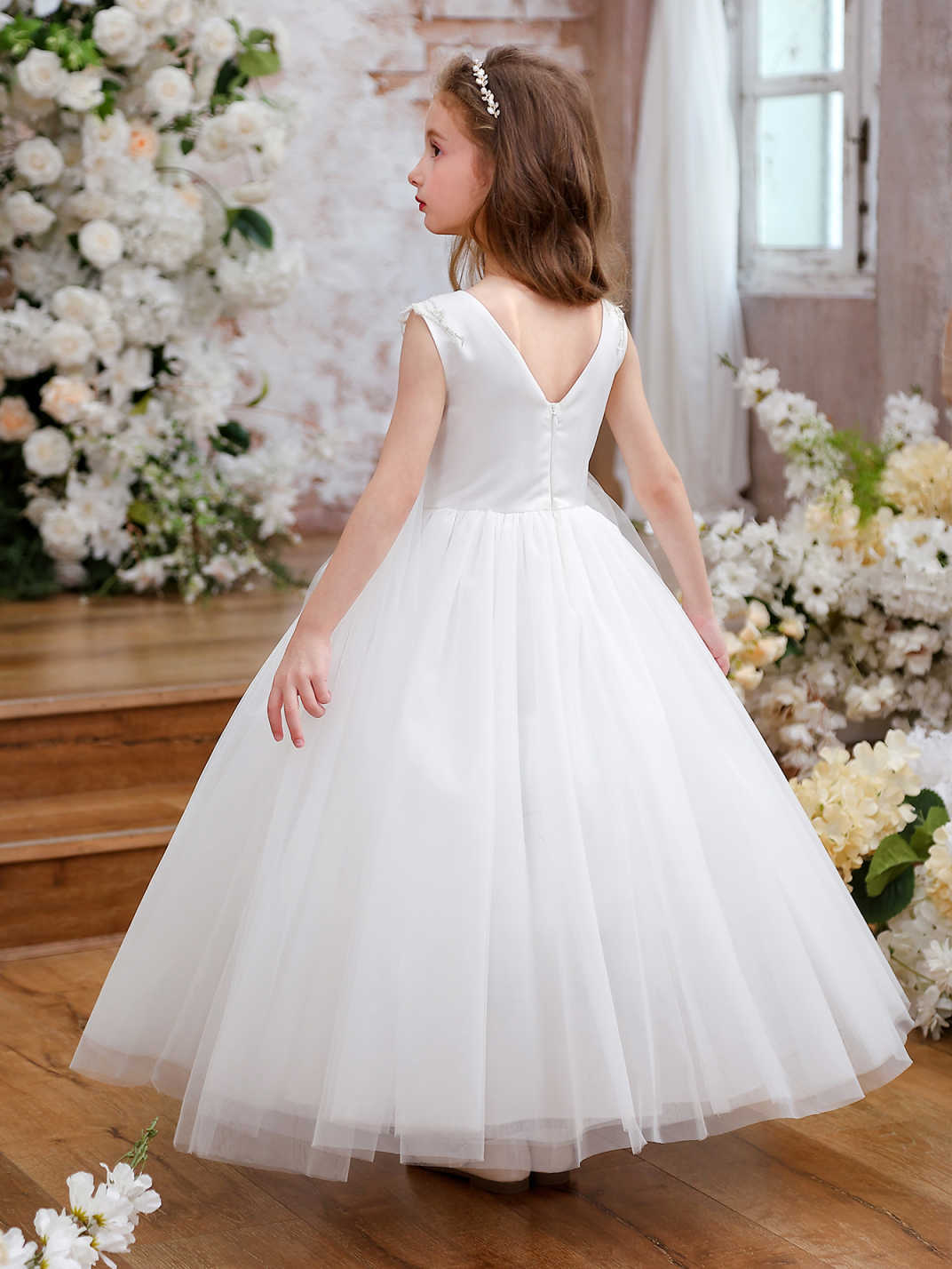 NEVE” WHITE SATIN & TULLE COMMUNION DRESS