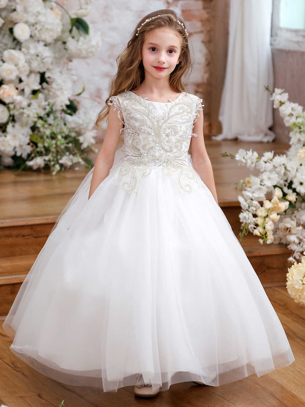 NEVE” WHITE SATIN & TULLE COMMUNION DRESS