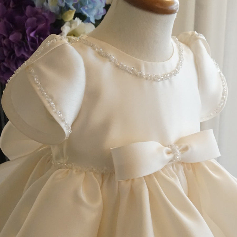 CHRISTENING DRESS IN SATIN WITH HAND-EMBROIDERED PEARLS