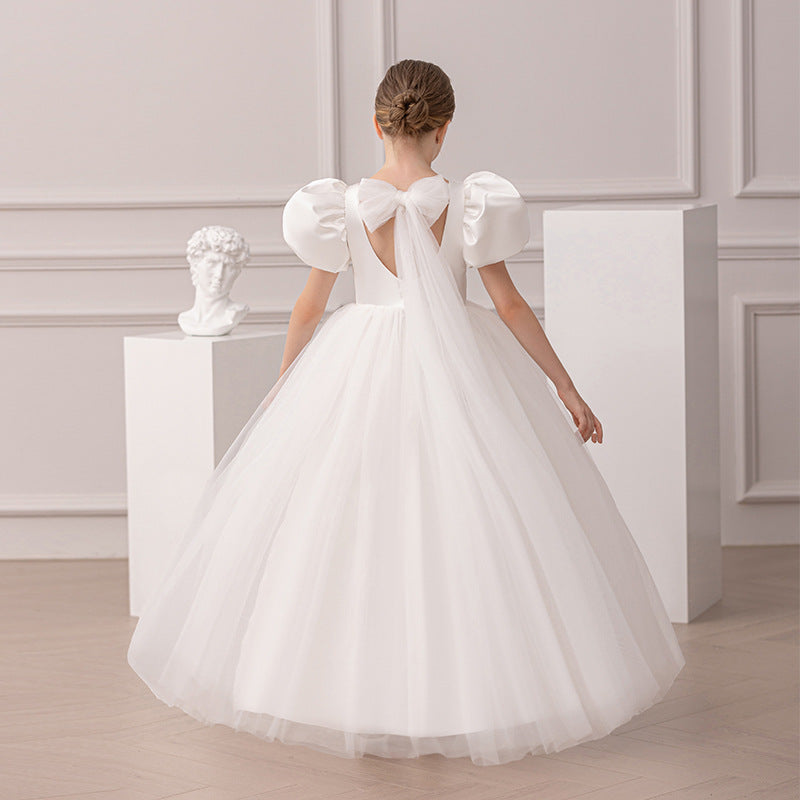Satin and Tulle Communion Dress with V-Neck and Back Tulle Bow