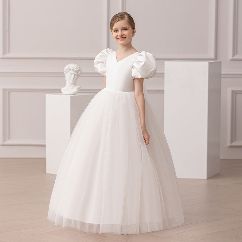 Satin and Tulle Communion Dress with V-Neck and Back Tulle Bow