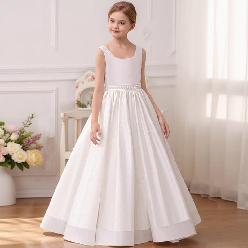 Luxury Satin Communion Gown with Pearl Belt and Oversized Bow